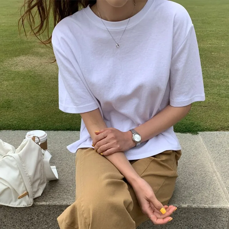 Loose Large Size T-shirt Female Round Neck Short Sleeve Bottoming Shirt Backless Doll Shirt Short White Student Casual Shirts