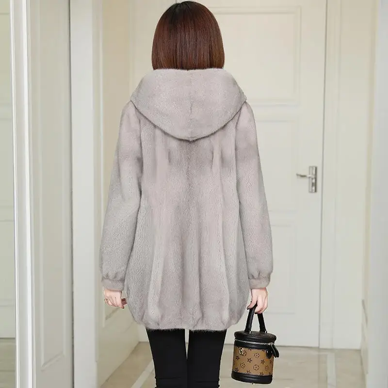 New 2023 Autumn Winter Imitation Mink Velvet Overcoat Women Thick Warm Outwear Hooded Mid Length Faux Fur Coat Female Parka  668