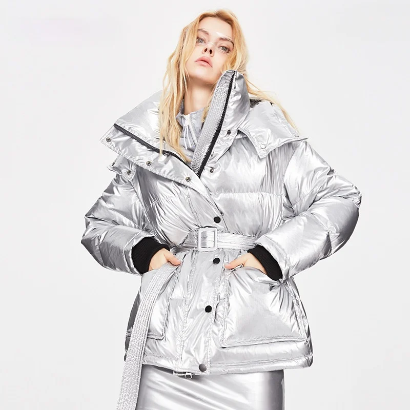 

2022 Winter Jacket Women 90% White Duck Down Coat Silver Hooded Belt Thick Warm Outerwear Overcoat Streetwear New Fashion