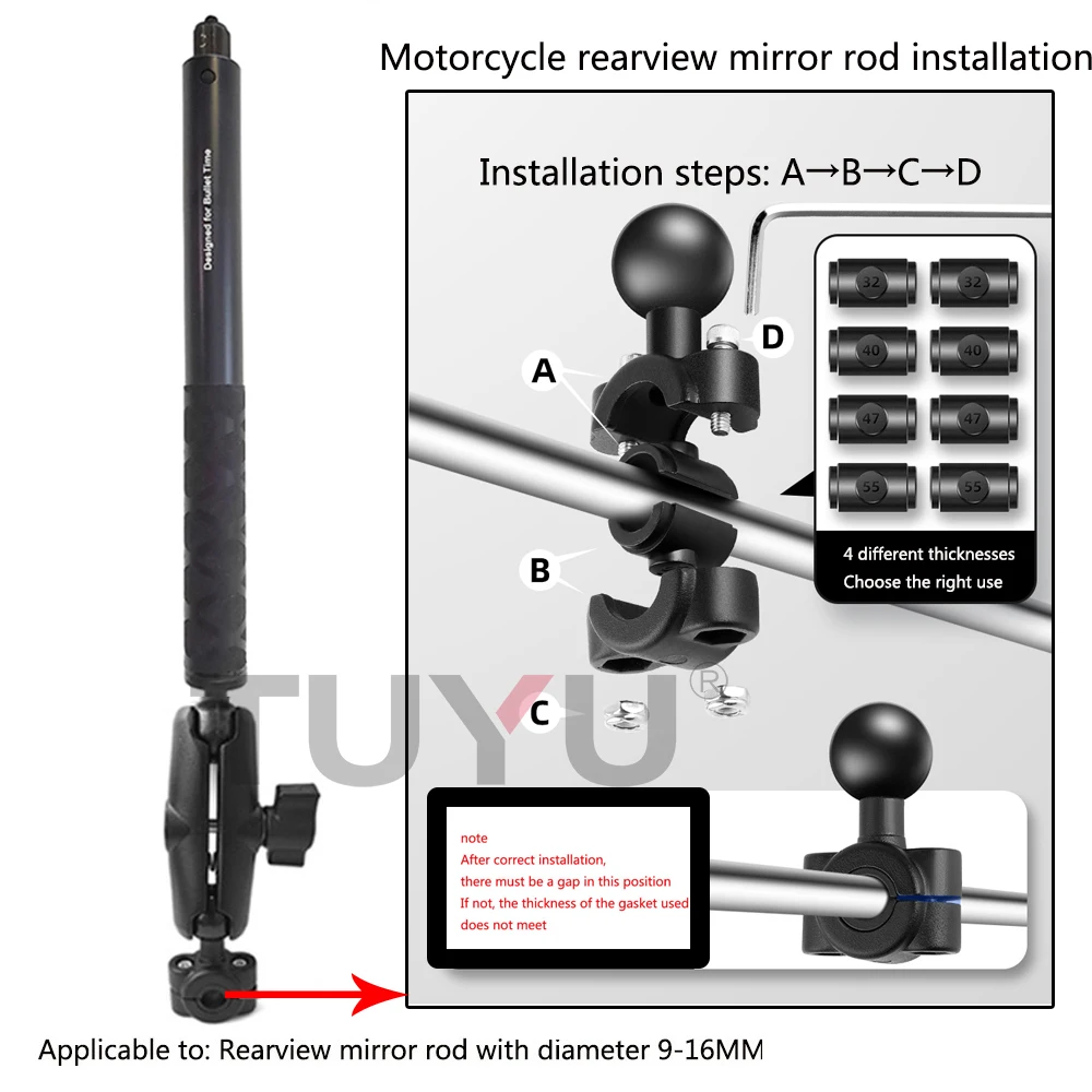 TUYU Motorcycle Bike Invisible Selfie Stick Monopod Handlebar Mount Bracket for GoPro Insta360 X4 X3 One X2 Camera Accessories