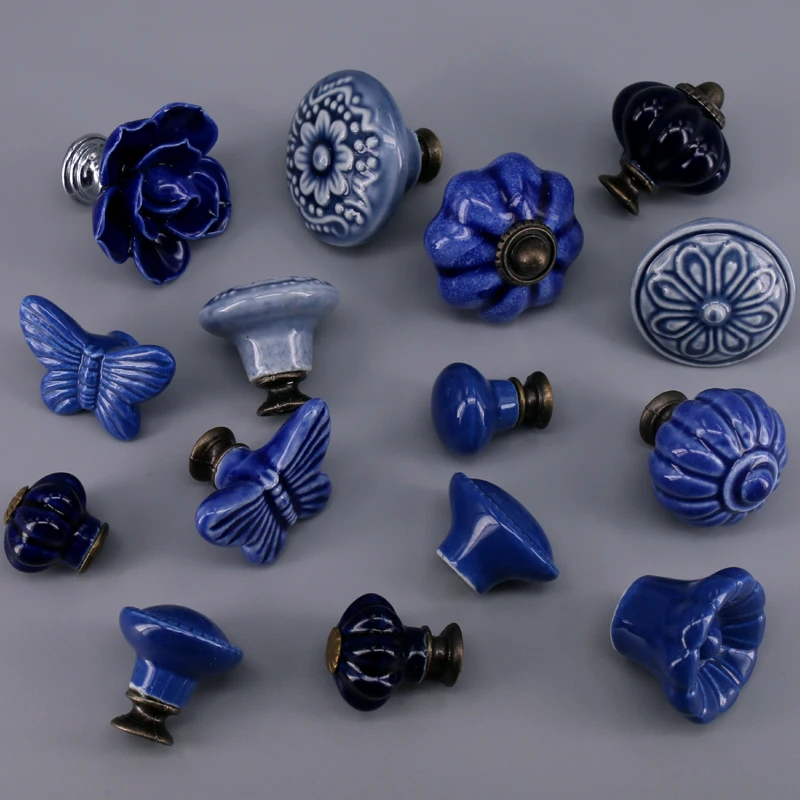 1PC Cute  porcelain drawer Knobs and Handles For Kid Rooms Cabinet Door Knob Cupboard Drawer Wardrobe Pull in Dark Blue color