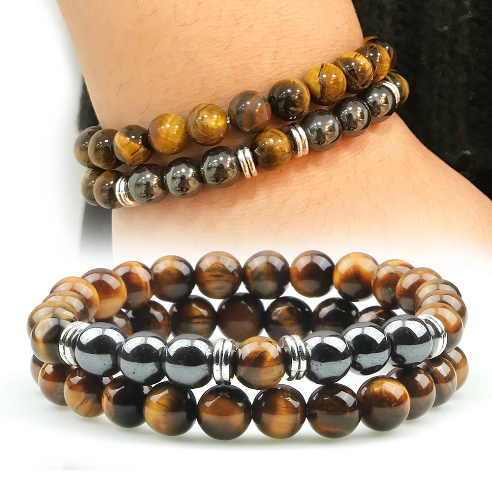 Nieuwe 2Pcs Mannen Tijgeroog Steen Armband Charme Hematiet Natuurlijke Lava Rock Kralen Strand Armbanden En Armbanden Voor Vrouwen energie Sieraden