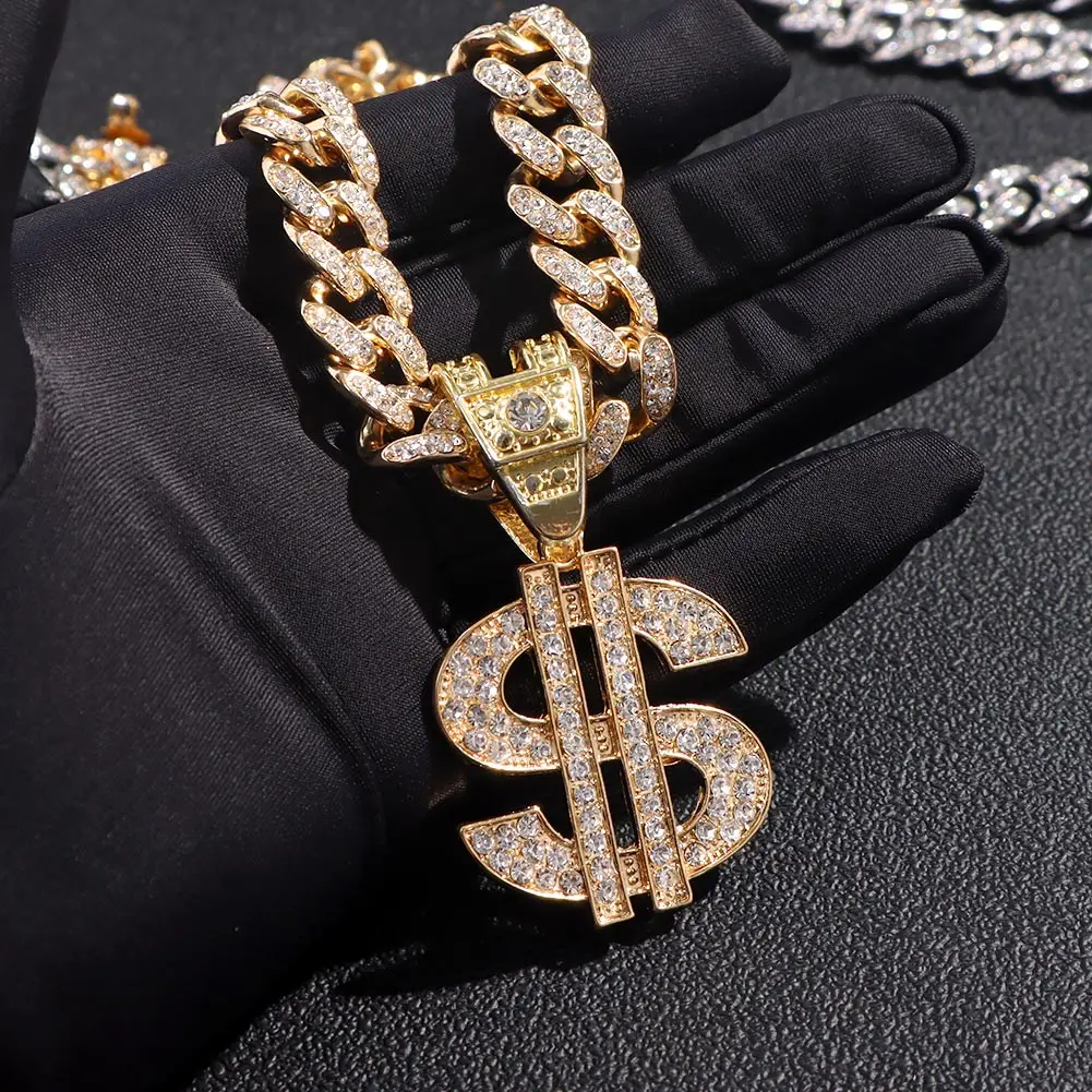 Bling Strass Dollar Anhänger Halskette Für Männer Silber Farbe Iced out 13mm Kubanischen Kette Choker Halsketten Hiphop Rap Rock schmuck – Detail 3
