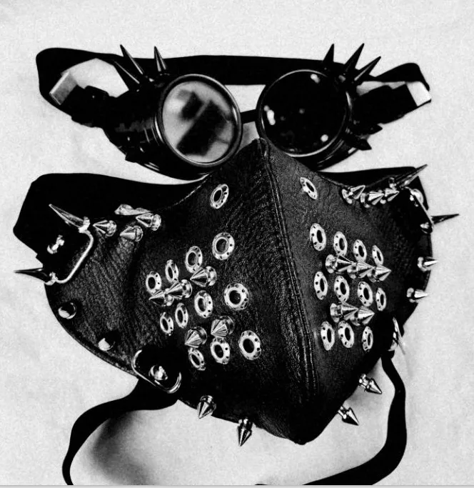 Máscara y gafas de cuero de PU negro con remaches largos, moda Punk, motociclista, Cosplay, antipolvo, remache deportivo, máscara y gafas