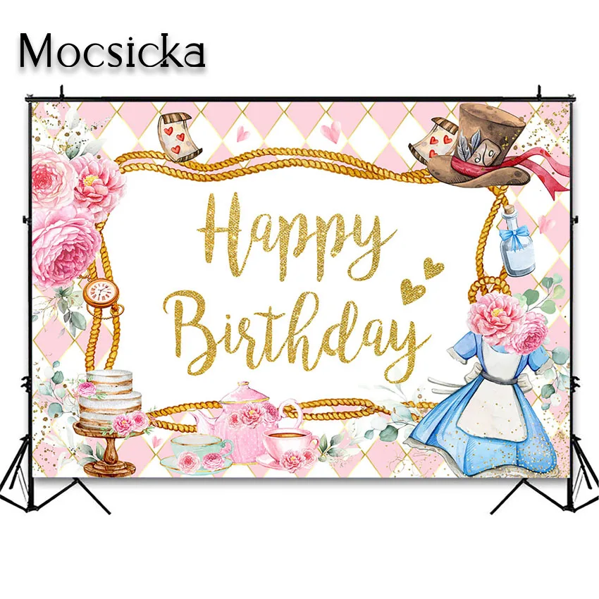 Mocsicka Tea Party Backdrop Princess First Birthday Party Decorations Alice in Wonderland Birthday Photo Background Photoshoot