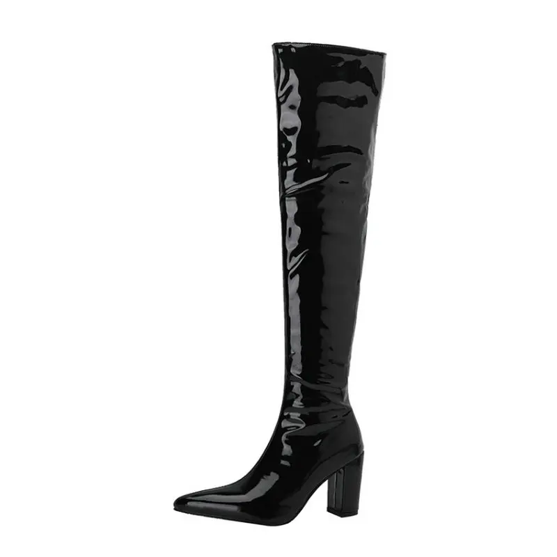 ZawsThia in pelle verniciata PU Sexy Stripper tacchi stivaletti blocco tacchi alti Overknees Big Size 44 45 46 stivali sopra il ginocchio da donna