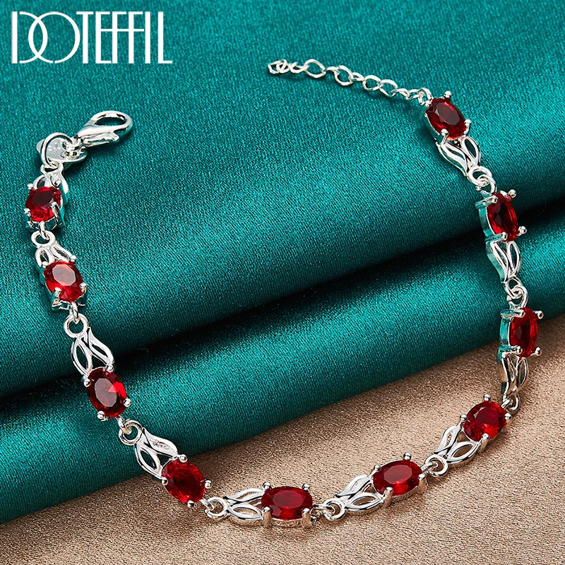DOTEFFIL 925 Sterling Silver Charm Red AAA Zircon Bracelet Chain For Women Wedding Engagement Party Fashion Jewelry