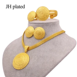 gold color jewelry sets for women Dubai African bridal party wedding gifts round pendant necklace bracelet earrings ring set