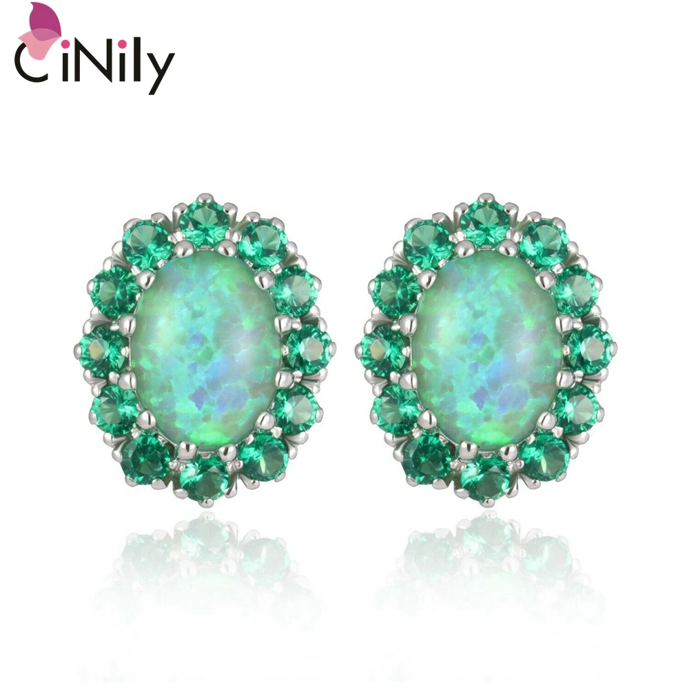 CiNily Green & Blue Fire Opal Stud Earrings Silver Plated Big Oval White Stone Filled Earring Lavish Fully-Jewelled Female Gifts