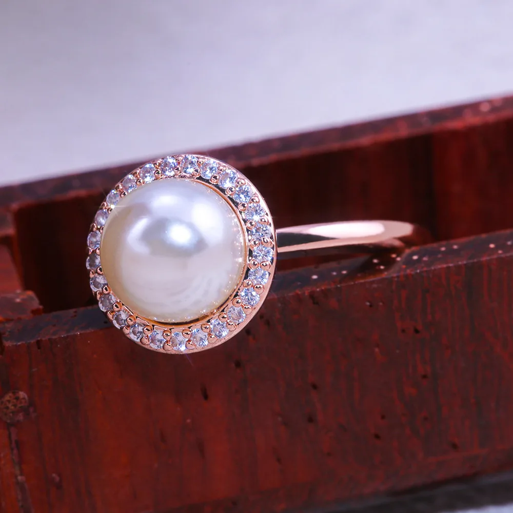 Fashion Zircon Rose Gold Plated Pearl Ring Charm Lady Ring Elegant Girl Jewelry Cocktail Ring Birthday Gift Size Us6-10