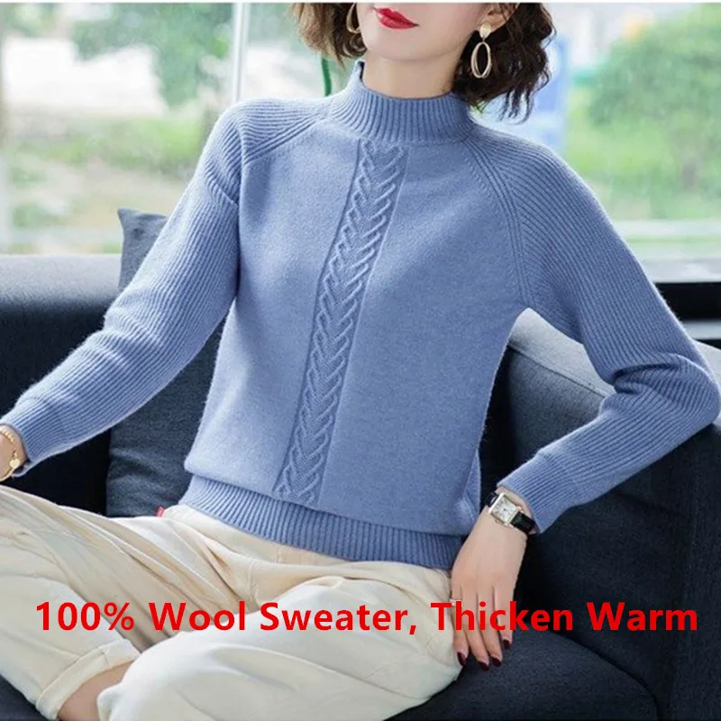 Fdfklak New Wool Sweater Women Cashmere Short Sweaters Large Size Loose Half High Neck Thick Tops Knitted Bottoming Shirt M-5XL