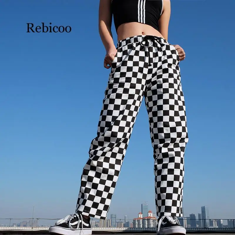 

Black White Plaid Pants Women Trousers New Spring Fashion High Waist Checkered Straight Loose Casual Sweatpants