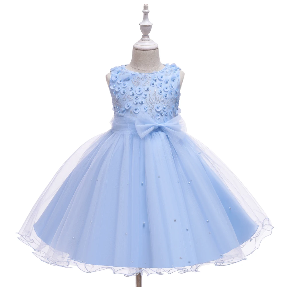 European Style Bead Night Dress for Kids Bow Knee Length Birthday Dress for Girls Multi-Layer Mesh for 10 Years Girl Dresses