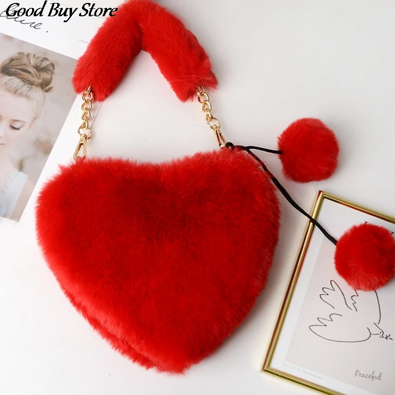 Heart Shape Winter Bag Women Plush Clutch Fashion Faux Fur Totes Underarm Handbags Party Shoulder Bags Female 2022 Hand Purse