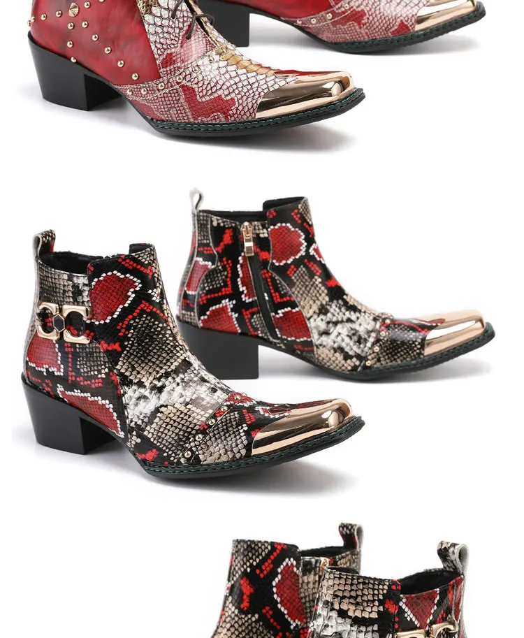 Men's Cowhide Serpentine Print Metal Decor Pointed Toe Belt High‑Heel Short Boots Western Cowboy Boots For Stage Show Party