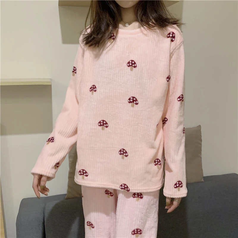 Women Pajama Sets Mushroom Print Long Sleeve Fashion Casual Loose Sweet Kawaii Korean Style Coral Fleece Soft Thicken Womens