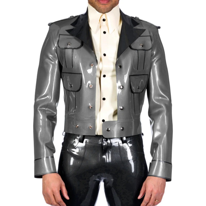 Silver And Black Trims Sexy Latex Jacket Cuffs Buttons At Front Rubber Tops Turn Down Collar Clothes Plus Size YF-0295