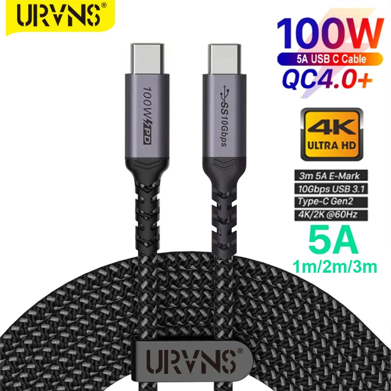 URVNS USB C to Type C Cable 100W 5A PD USB3.1 Gen 2 Fast USB-C Cable for MacBook Pro Xiaomi Samsung S21 Note20 PD3.0 QC 4.0 Cord