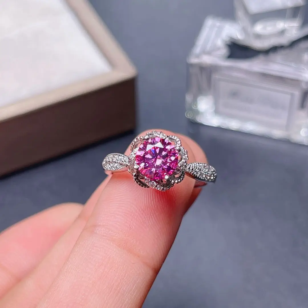 New Crackling Pink Moissanite Ring for Women Jewelry Engagement Ring for Wedding Real 925 Silver Party Gift 1 Carat Lab Diamond