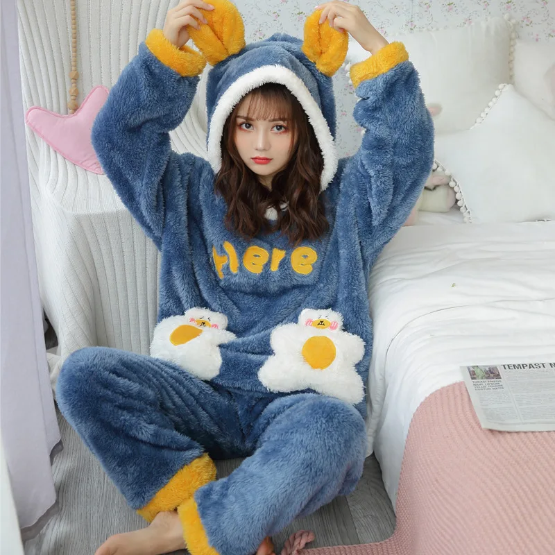 2 Pcs Winter Women Pajamas Sets Sleepwear Long Sleeves Warm Pajama Soft Sleep Suits Pyjamas Cute Animal Female Homewear