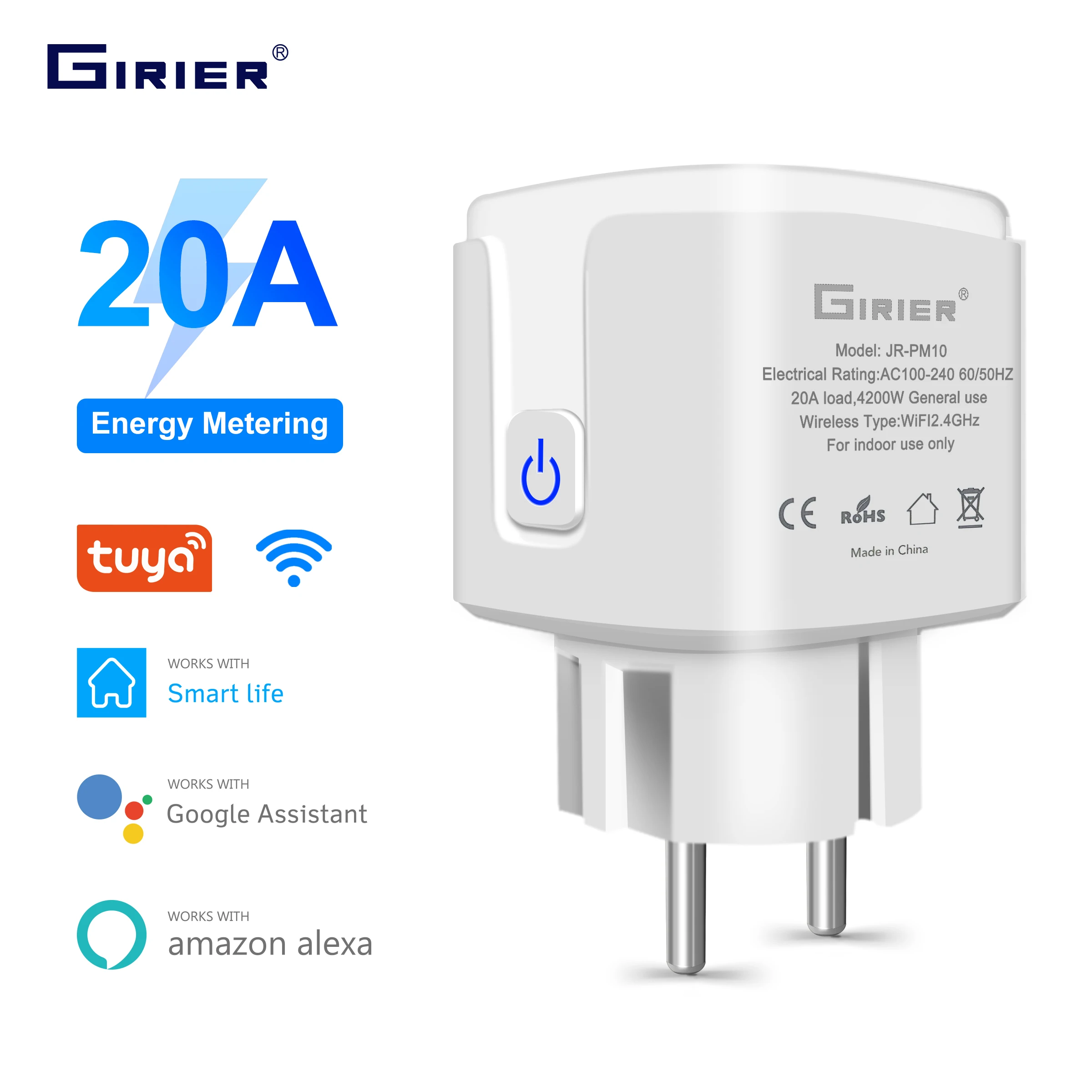 GIRIER-Tuya Wifi 스마트 플러그 20A EU 스마트 소켓 콘센트, 전원 모니터 타이머 기능 4200W Alexa Google 홈과 호환 가능 