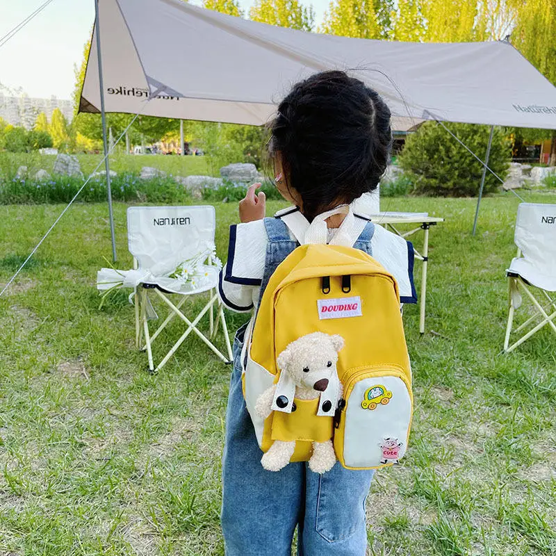 Mochilas escolares de lona con diseño de oso de dibujos animados para niños y niñas, morral escolar de animales para guardería