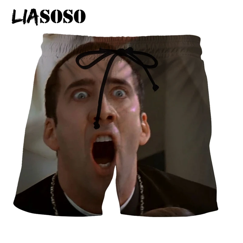 LIASOSO 3D Print Unisex Movie Star Nicolas Cage Men\'s Shorts Beach Casual Boardshorts Joggers Trousers Loose Sport Funny Pants