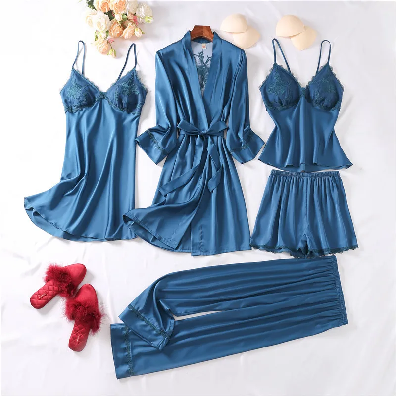 Sleepwear With Lace Women Pajamas Set Sexy 5 Pieces Robe Suit Kimono Gown Sexy Loungewear V-neck Bathrobe Lingerie Nightwear