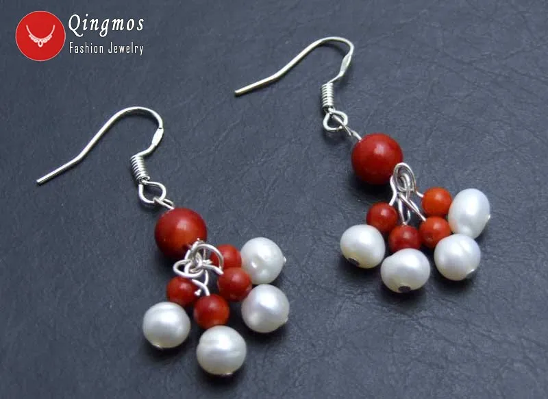 

Qingmos Fashion 5-6mm White Round Natural Pearl Earrings for Women with 3-5mm Red Coral Dangle Earring Hook 1.5'' Jewelry ea521