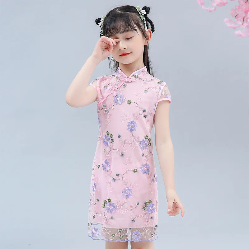 Baby Girl Qipao Silky Dress Children Chi-Pao Cheongsam Chinese New Year Costume Clothes Kids Dresses Wedding Uniform 4-14