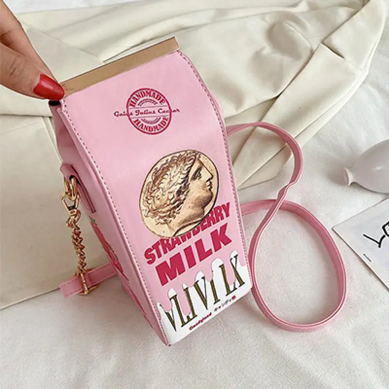 Cute Small Milk Box Design Women Shoulder Bags Lovely Strawberry Drink Crossbody Bag Girls Cartoon Printing Women\'s Bag Purse