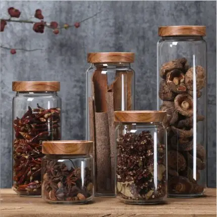 Sealed Mason Jar, Transparent Glass Jars, Food Bottle with Lid, Cereals Storage Jars, Sugar Tea, Coffee Bean Jar, Wood Cover