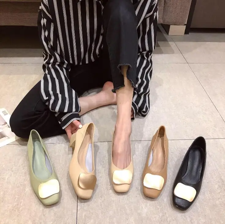 New Arrival Women Flats Shoes Low Heel Ballet Square Toe Shallow Buckle Shoes Slip On Loafer Size 34- 40