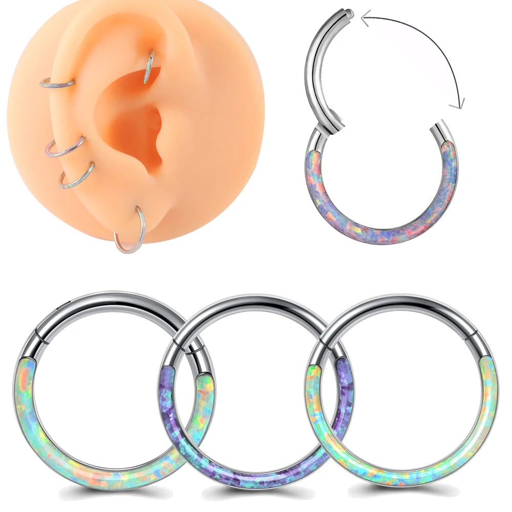 

3PCS G23 Titanium Opal Cartilage Earring Hoop Front Paved Opal Septum Clicker Nose Ring Segment Ring Daith Ring Piercing Jewelry