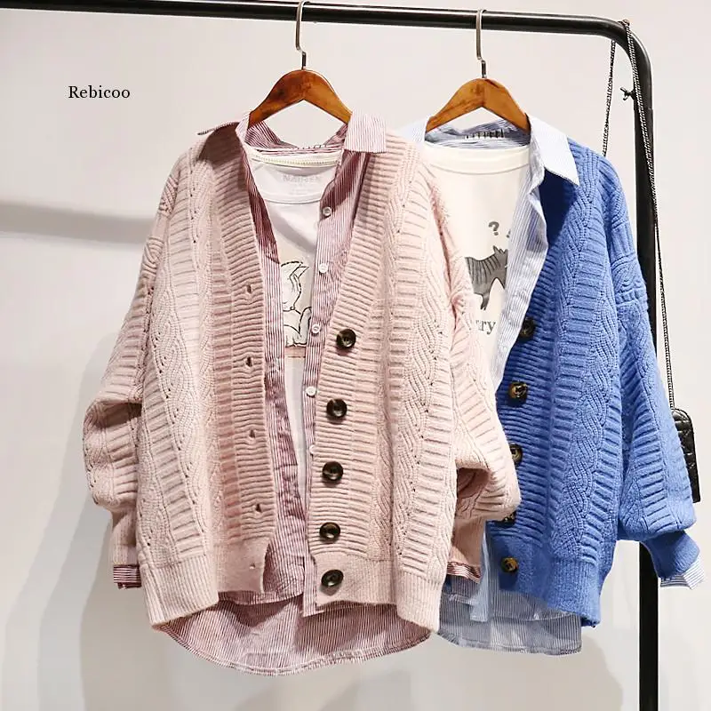 Autumn Winter Knit Sweater and Cardigans Women Open Stitch Loose Knit Cardigans Pink Jumpers Winter Sweater Coat