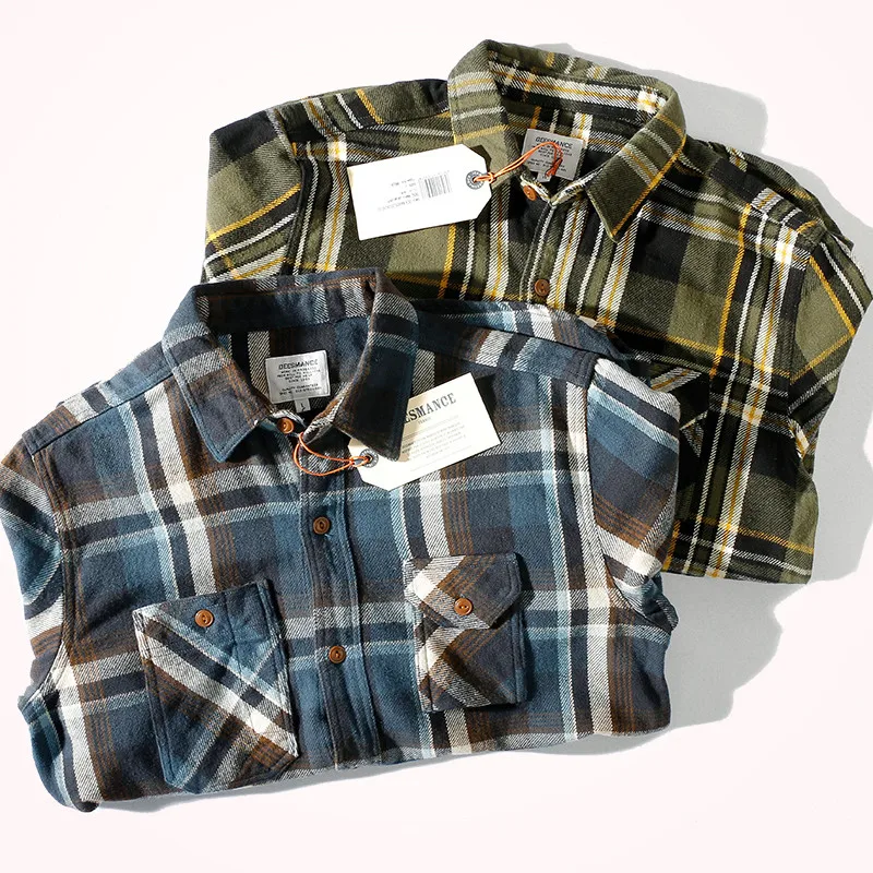 9919# Autumn New Thick Plaid Shirt Men\'s Fashion Pure Cotton Sanded Flannel Work Clothes Retro Long Sleeve Lapel Shirt for Men