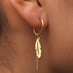 Stainless Steel Earrings Fashion Unisex Punk Gothic Feather Chain Hip Hop Pendants Gold Color Earrings For Women Jewelry Gifts