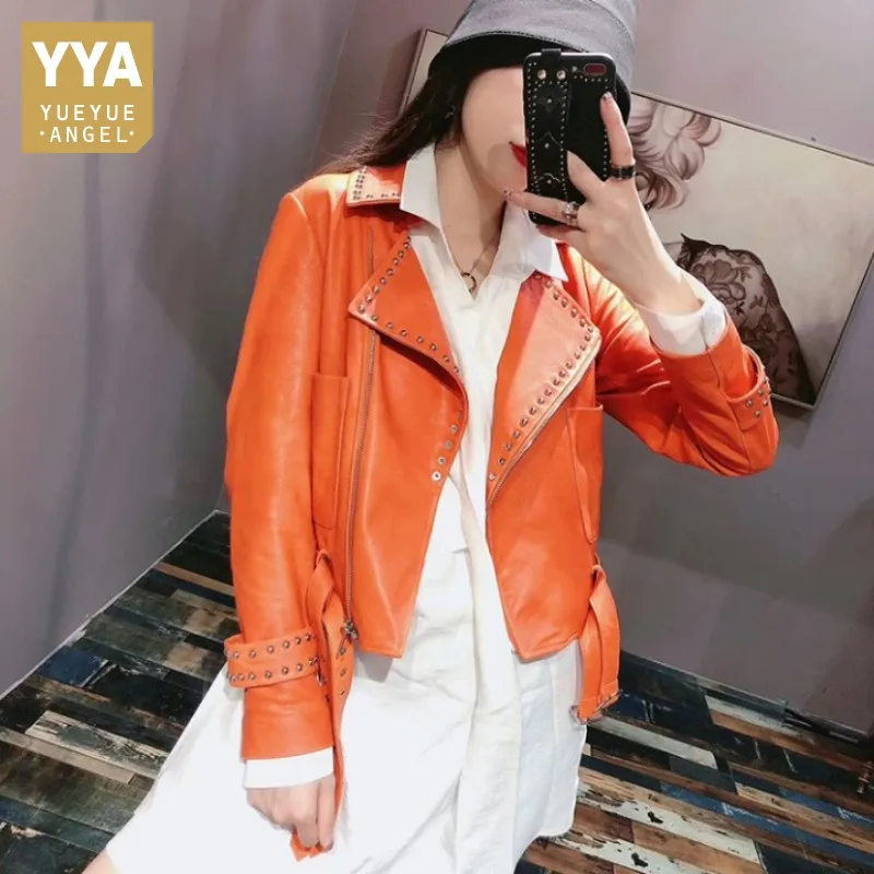 

Fashion Women Candy Colors Punk Rivets 100% Sheepskin Coat Orange Green Biker Female Slim Fit Short Belted Real Leather Jacket