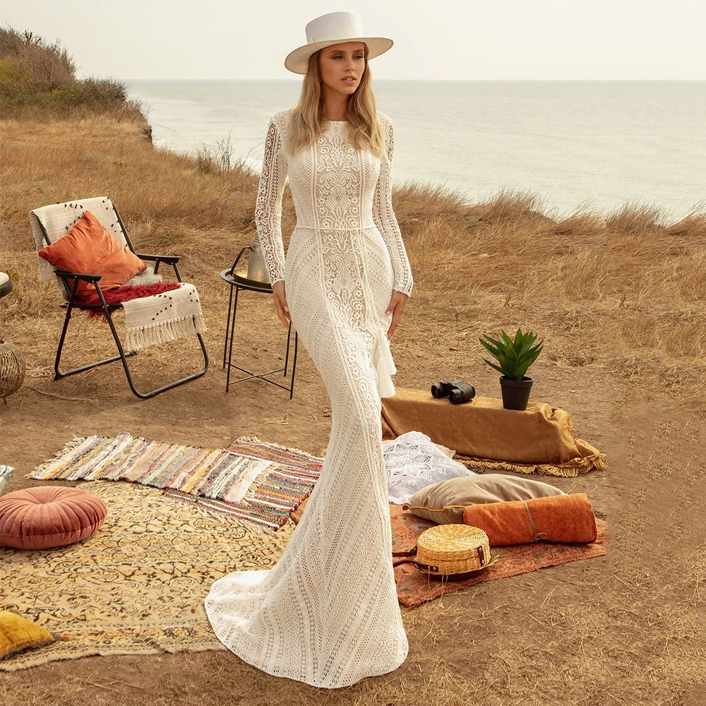 Robe De mariée sirène style Boho, col rond, manches longues, longueur au sol modeste, balayage, 2022