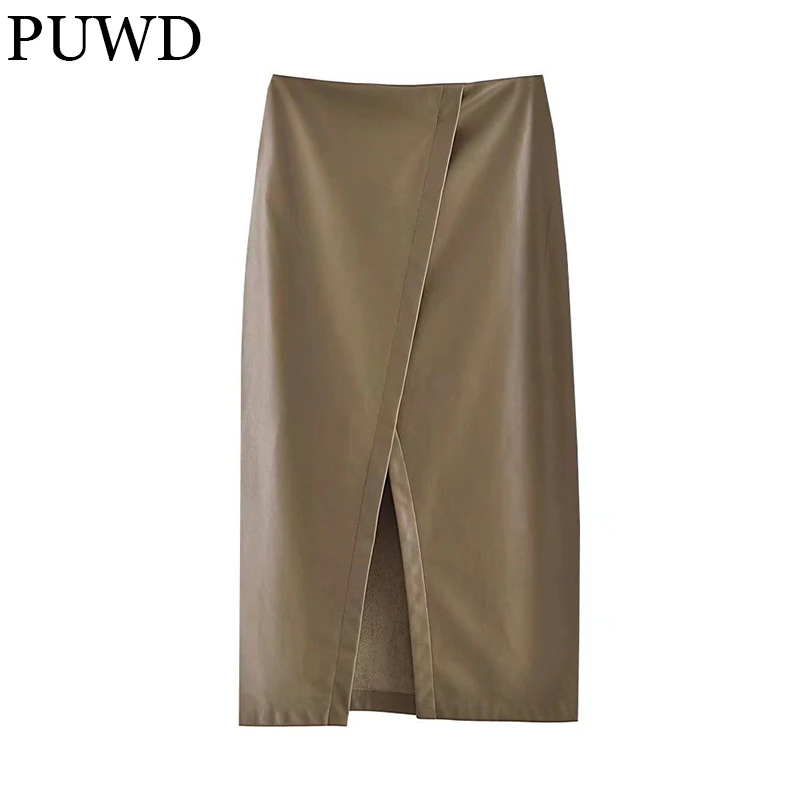 

PUWD Retro Women Faux Leather Straight Skirt 2021 Autumn/Winter Casual High Street All-match Split Fork Trend Slim Female Skirts