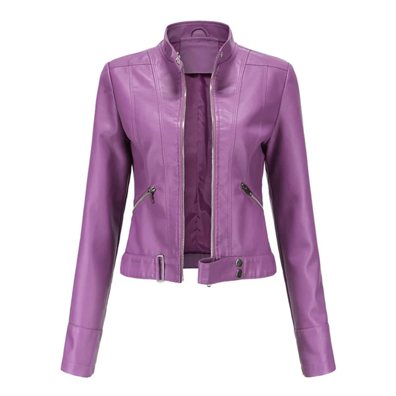 Chaquetas de cuero de motocicleta para mujer, ropa de abrigo lisa con cuello alto y cremallera ajustada para motorista, primavera y otoño