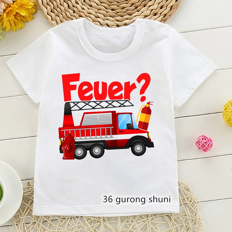 New summer style t-shirt boys funny fire truck cartoon print kids clothes  tshirt humor boys white yellow short sleeve tops