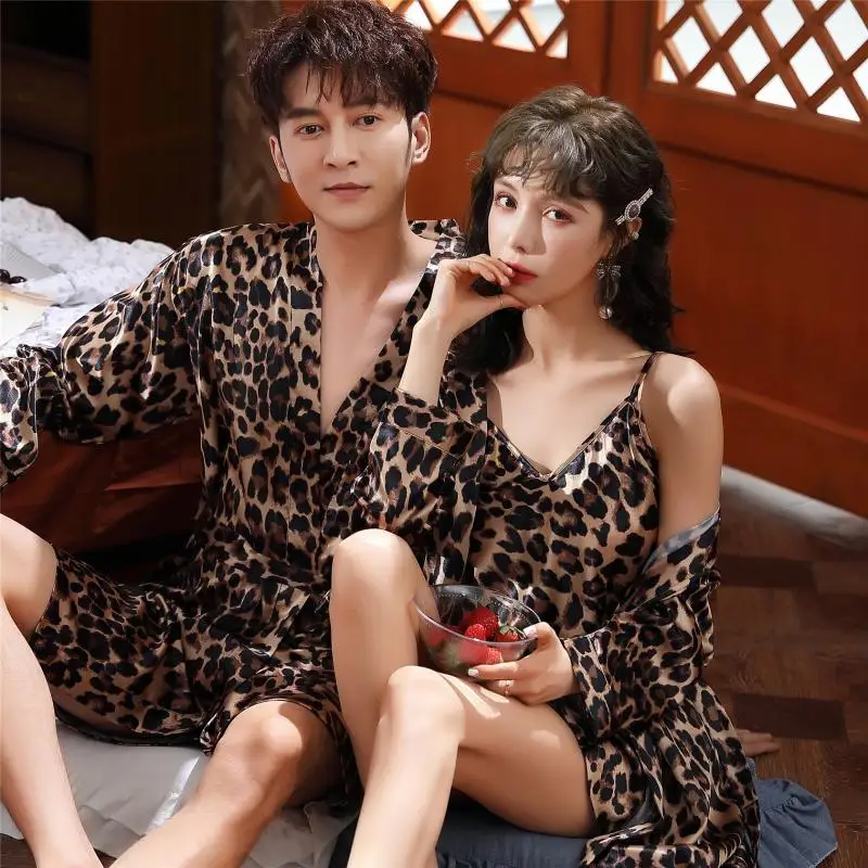 Homens Amantes Verão Leopardo Plus Size Longo Roupão De Seda Casa Hotel Casamento Bath Robe Kimono Robes Vestido de Vestir Noite Sleepwear