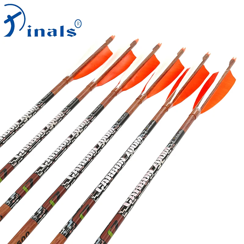 

12PCS Spine 400 500 600 Wood Skin Archery 32 Inch Carbon Arrows Shafts Turkey Feathers 100GR Points Compound Recurve Bow Hunting