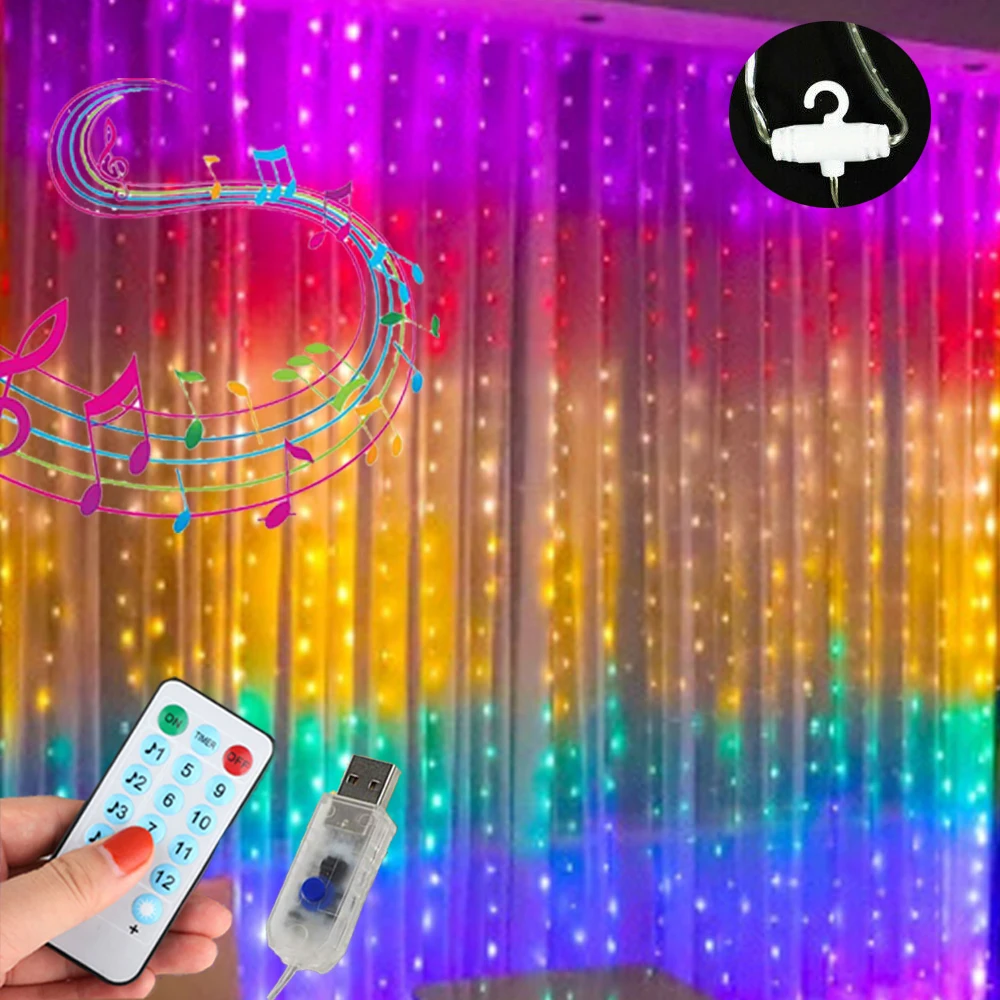 Music Control Rainbow LED Curtain Fairy String Light, USB Garland Lamp, Remote Control for Christmas Party, Home Window Decor