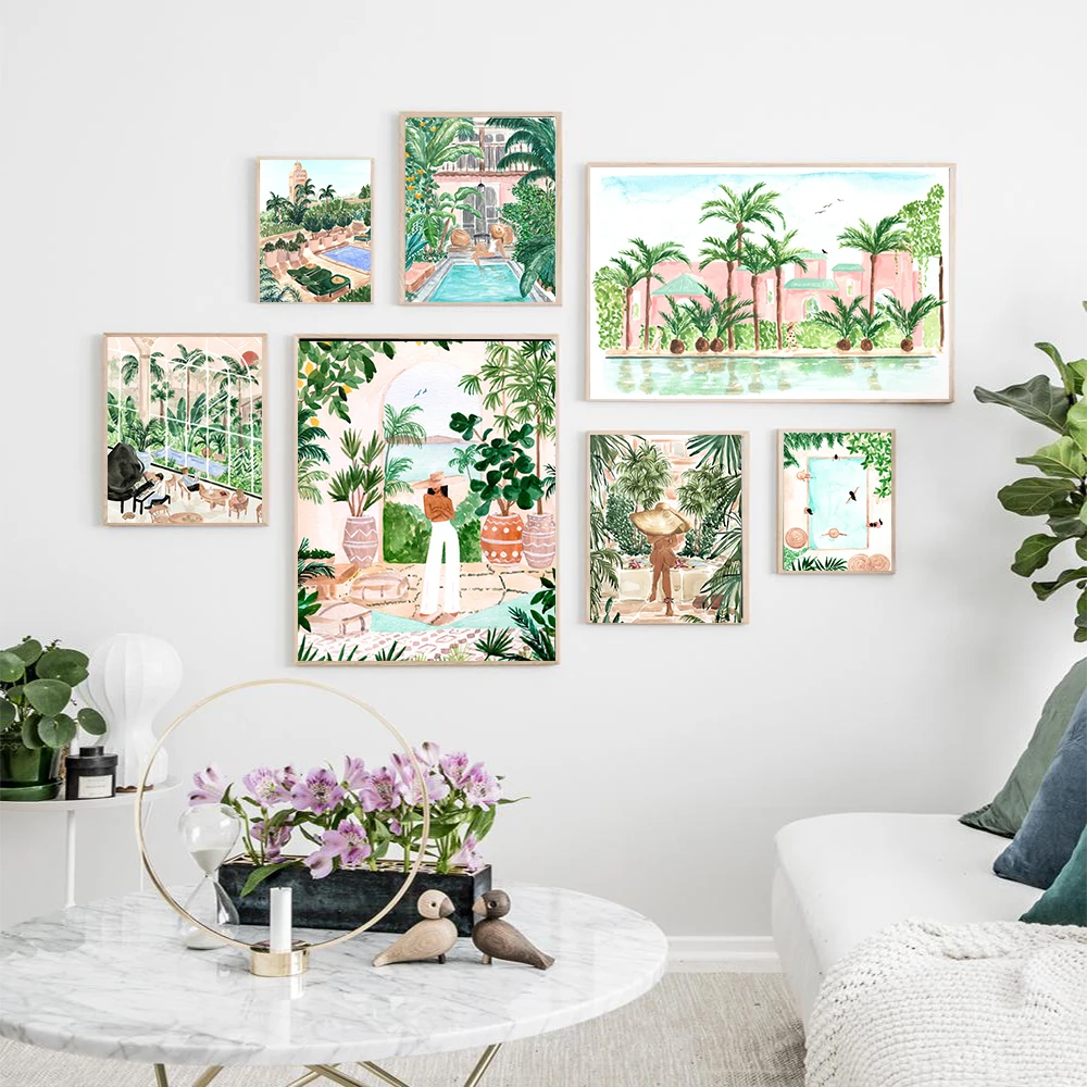 Moroccan Dream Brunette  Painting on Canvas Peaceful Morocco Posters and Prints Hotel Pool Resort Lobby Vacation for Living Room