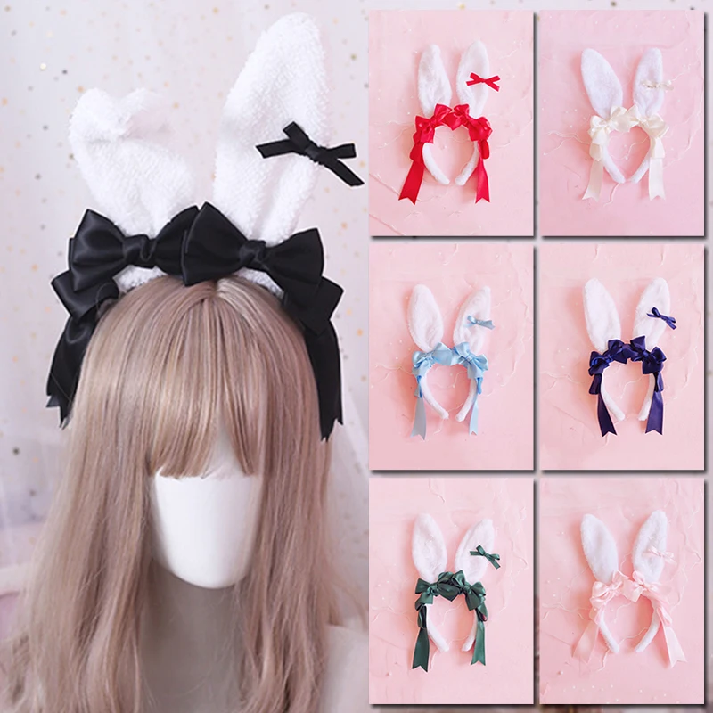 Lolita Headband Plush Rabbit Bunny Ears Hair Hoop Girl Cosplay Party Headdress Sweet Bowknot Ribbon Hair Accessories