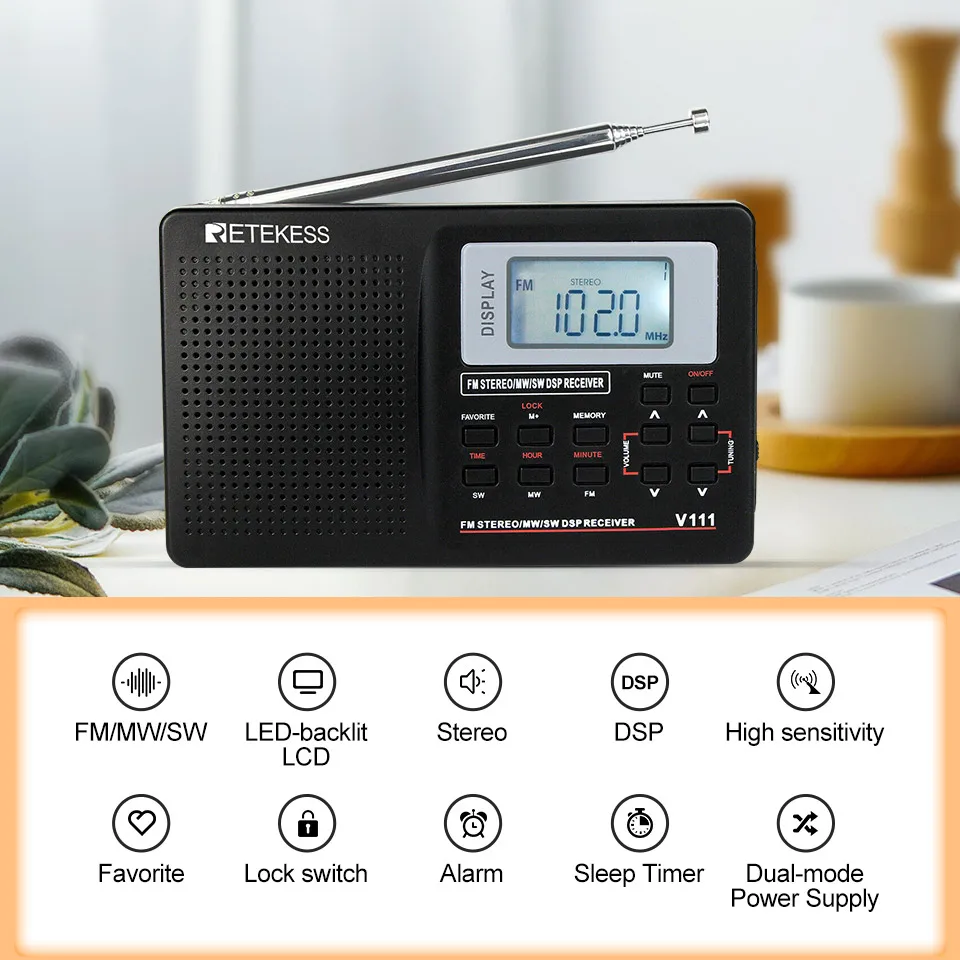 RETEKESS V111 Full Band Radio FM Stereo/MW/SW DSP World Band Receiver with Timing Alarm Clock Portable Radio Black F9201