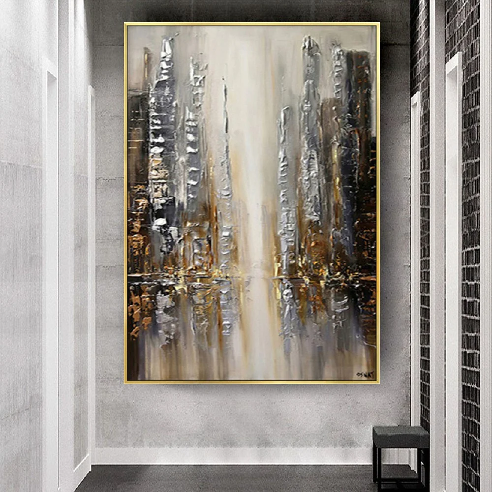 Hand-Painted Canvas Poster Modern City View Abstract Golden Thick Oil Paintings Wall Art Pictures For Home  Living Room Decor