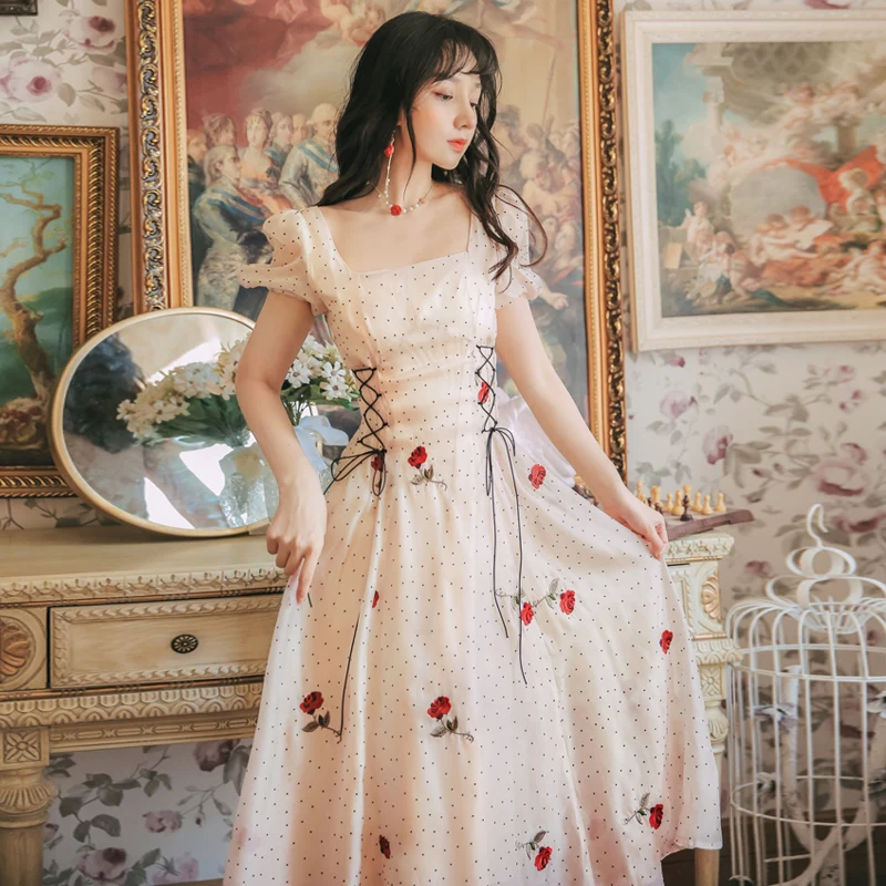 

Women's Seaside Beach Holiday Dress 2021 Summer Fairy High Waist Long Retro Puff Sleeve Square Collar Polka Dot Rose Chic Party